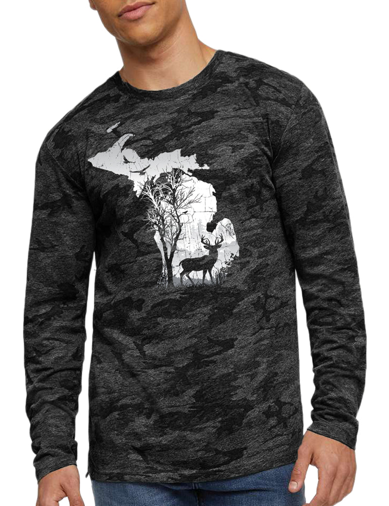 Deer in the Woods - Mens Long Sleeve - Black Camo