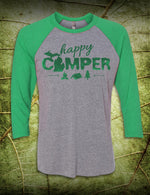 Happy Camper - Unisex 3/4 Sleeve - Heather Gray and Green