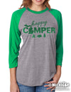 Happy Camper - Unisex 3/4 Sleeve - Heather Gray and Green